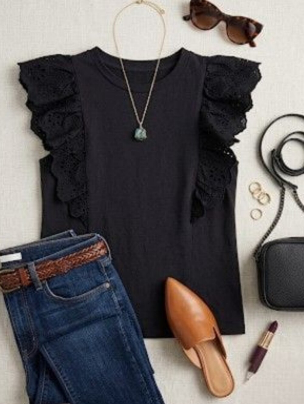 EUC J. Crew Chic Cotton Black Ruffle Eyelet Top, Size Small